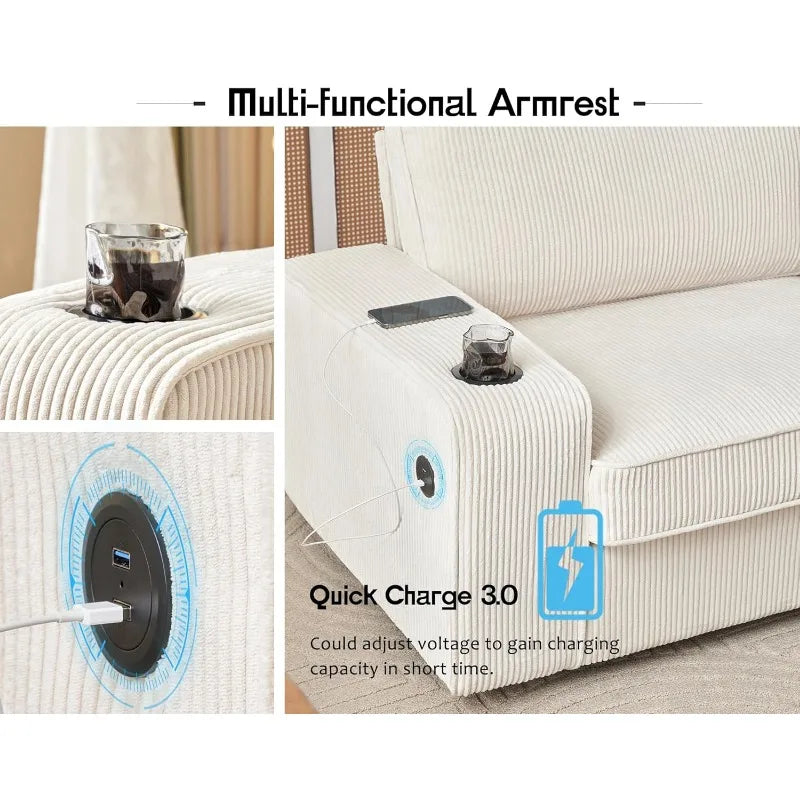 Sofa, 89 Inch Modern Sofa with USB Charging Ports & Cup Holders, Deep Seat Sofa Couch- Comfy Couch for Living Room