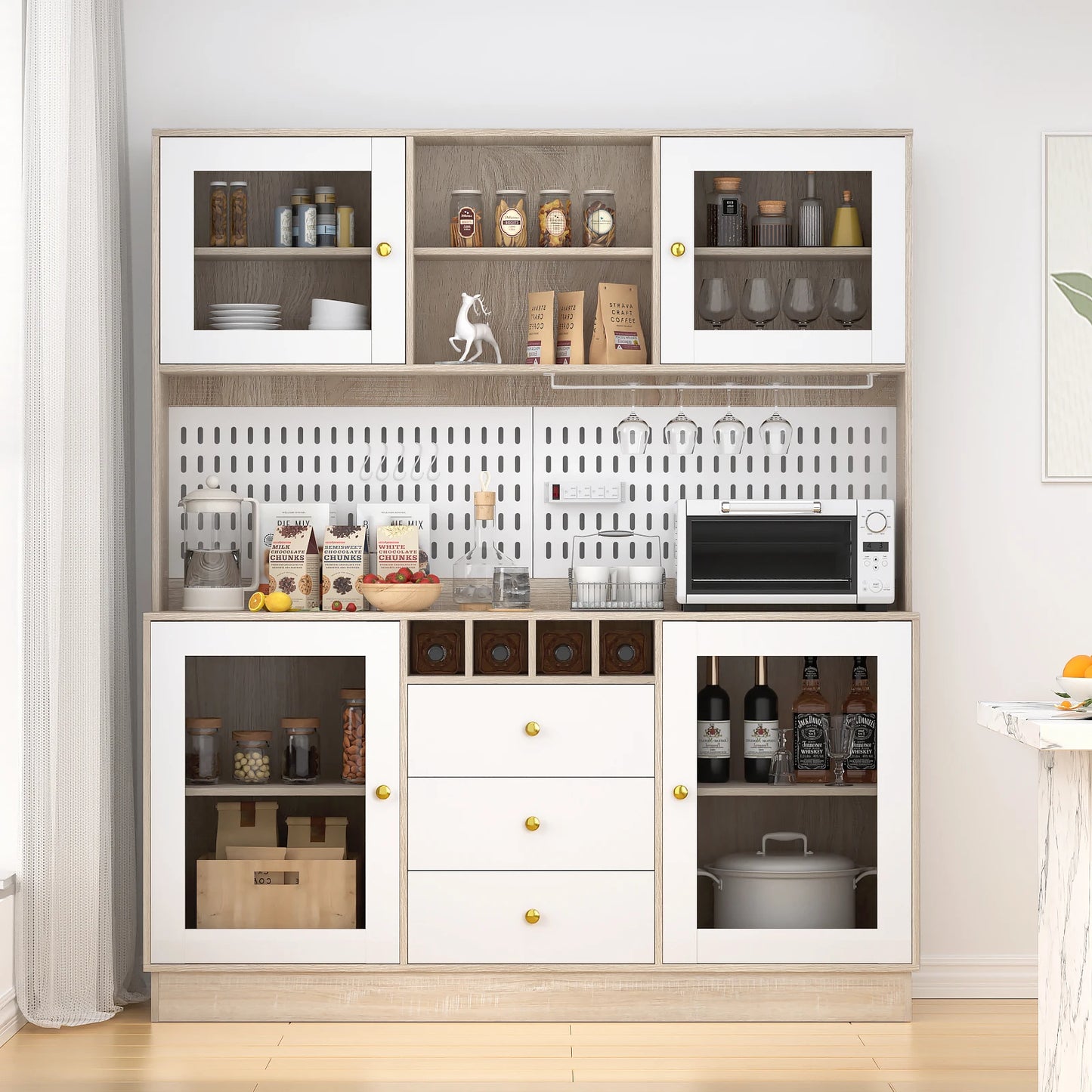Pantry Cabinet Kitchen Storage Cabinet Freestanding Buffet Hutch with Pegboard Cup Holder Power Outlet Black