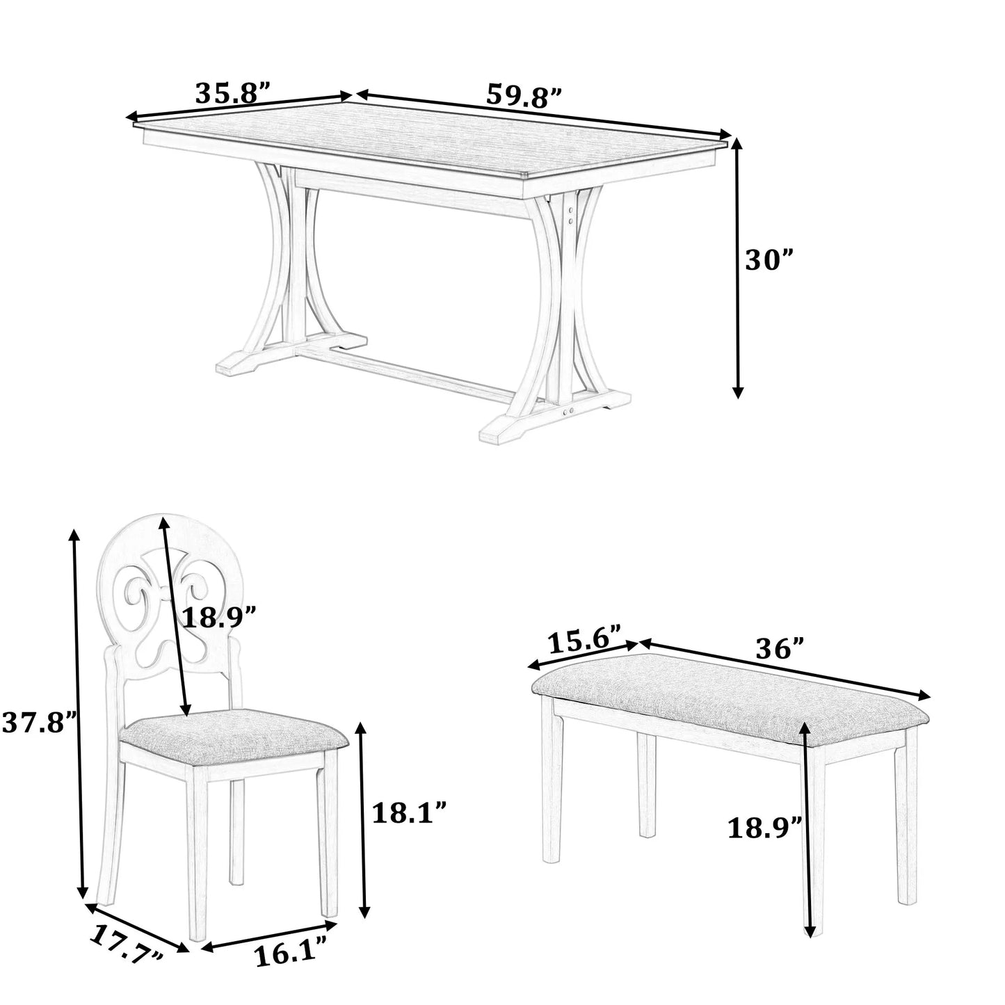 TOPMAX Mid Century 6 Piece Trestle Table Set with Victorian Round Upholstered Dining Chairs and Long Bench