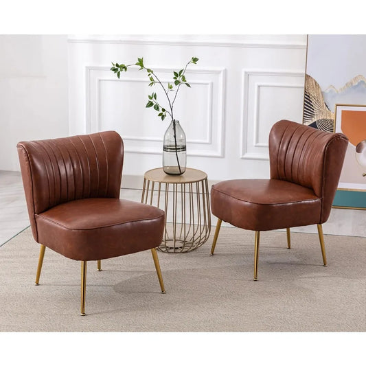 Leather Accent Chairs Set of 2 Modern Armless Upholstered Waterproof Slipper Chairs with Golden Legs Comfy Wingback Side Chairs
