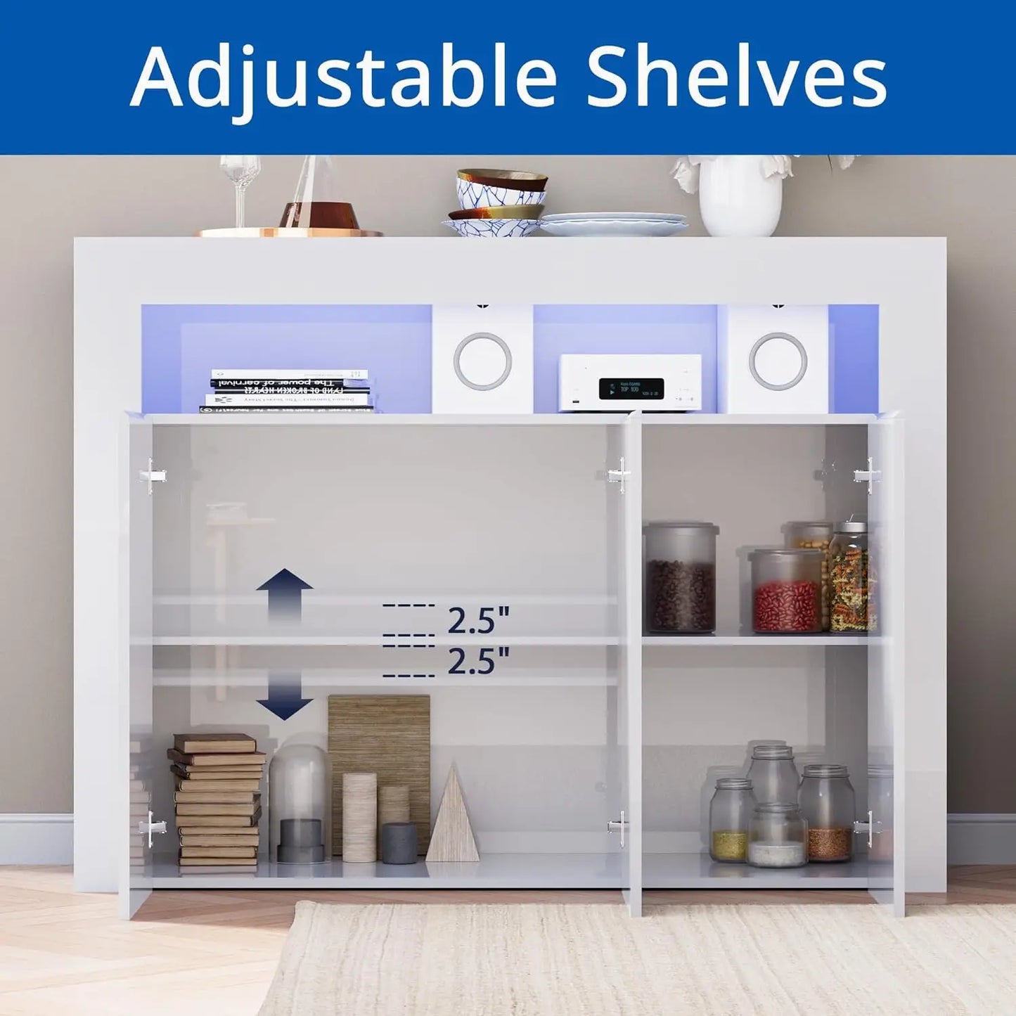 Modern White Buffet Cabinet with LED Lights High Gloss Sideboard Storage Cabinet with 3 Doors and Adjustable Shelf