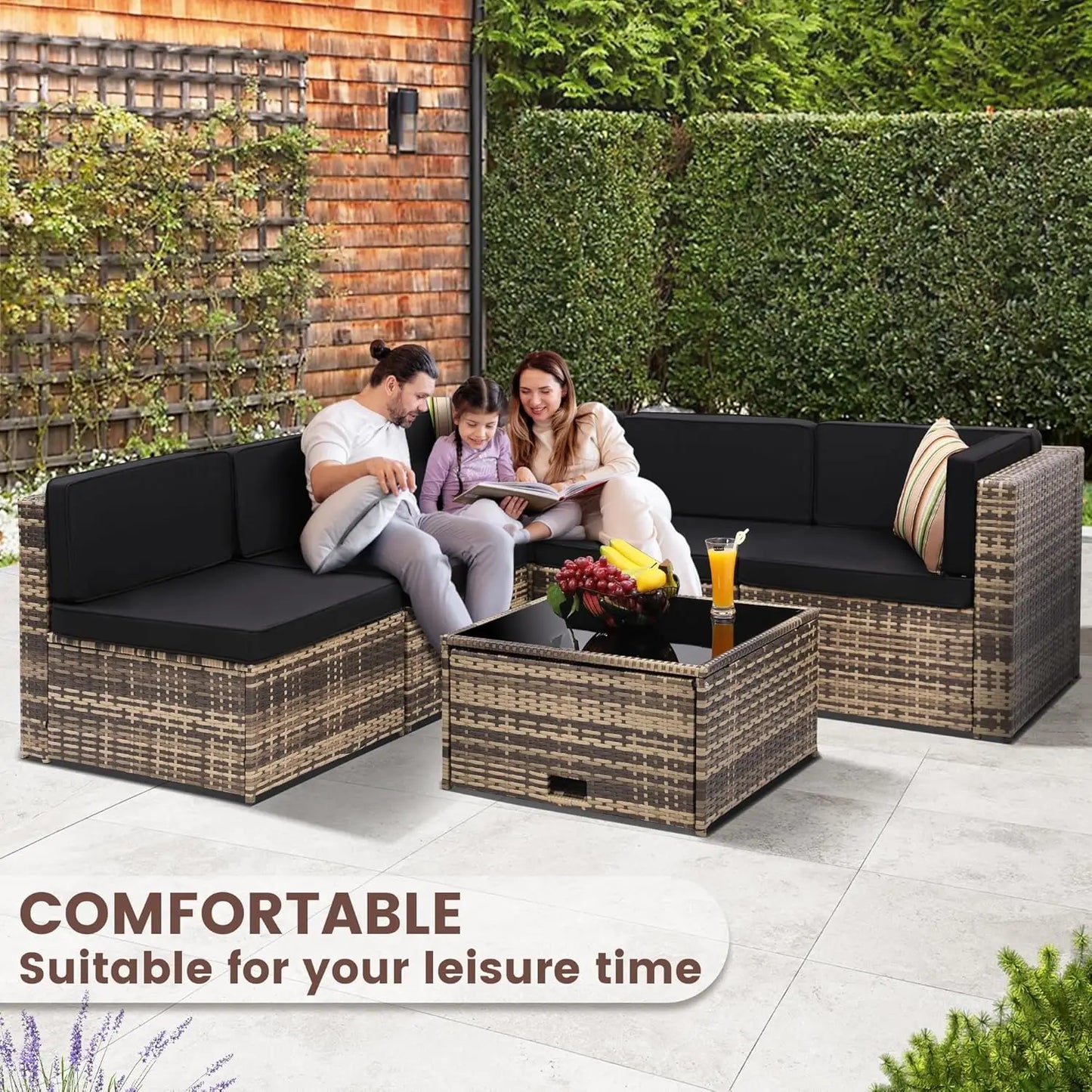 8 Pieces Outdoor Wicker Rattan Patio Furniture Sectional Set with Glass Top Table and Hidden Storage, 7 Sofa Sections with Oversized Cushions in Natural Color Rattan and Black Cushions