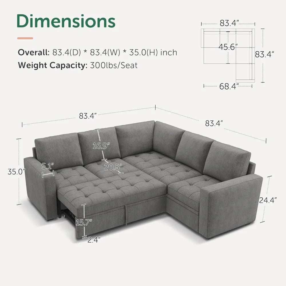 Modular Sectional Sleeper Sofa with Pull Out Couch Bed, L Shaped Couch with Storage Seat, Sectional Couches for Living Room,