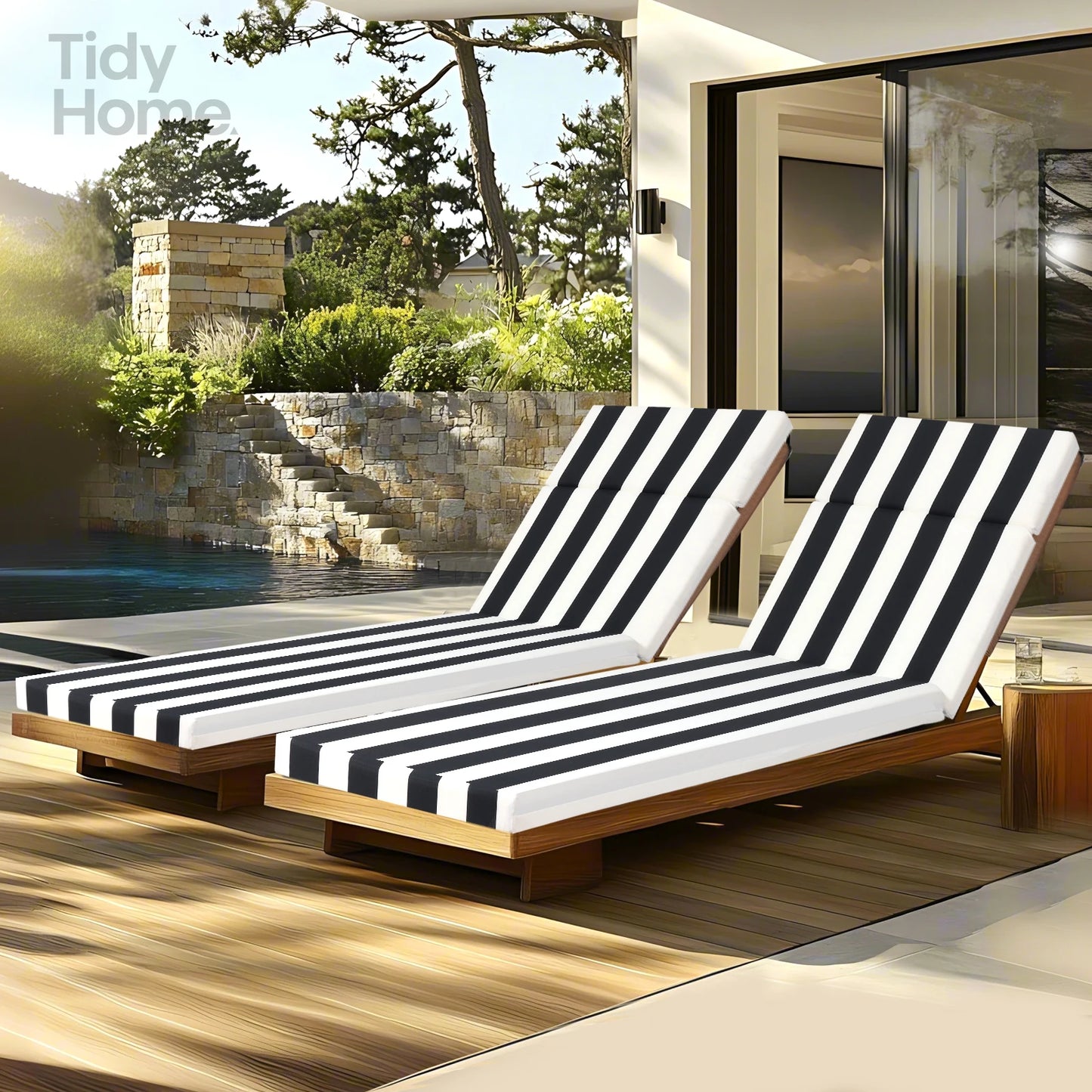 2 Pcs Set Chaise Lounge Chair Cushion Outdoor Cushion Patio Seat Cushion for Lawn Pool Beach 75 x 22.8 x 2 Black White Stripe