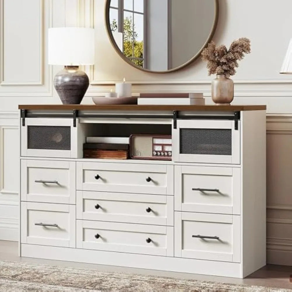 White Farmhouse Dresser for Bedroom 55.1 Inch Large Wooden Chest of Drawers 7 Drawer Long Dresser
