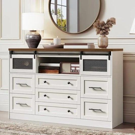 White Farmhouse Dresser for Bedroom 55.1 Inch Large Wooden Chest of Drawers 7 Drawer Long Dresser