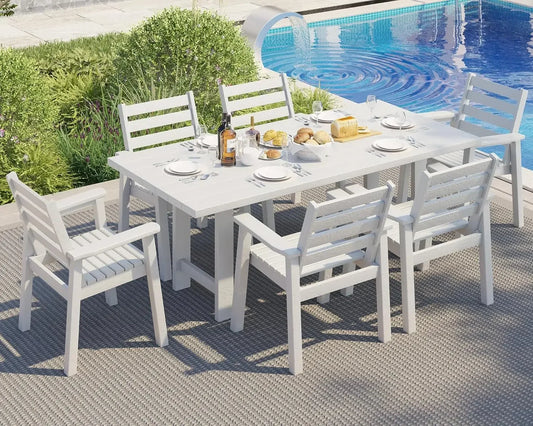 7 Piece HDPE Outdoor Dining Table Set with 6 Chairs 71 Inch Patio Dining Furniture Set with Umbrella Hole