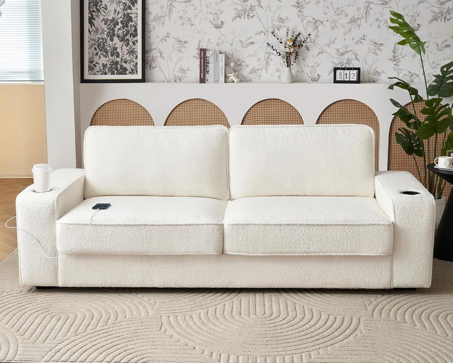 Sofa, 89 Inch Modern Sofa with USB Charging Ports & Cup Holders, Deep Seat Sofa Couch- Comfy Couch for Living Room