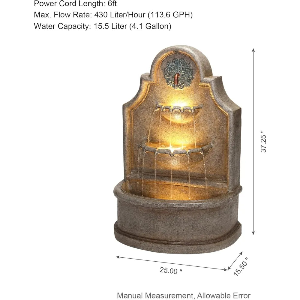 Outdoor Wall Mounted Water Fountain With LED Lights And Pump Oversized Antique European Style 3 Tier Polyresin Cascade