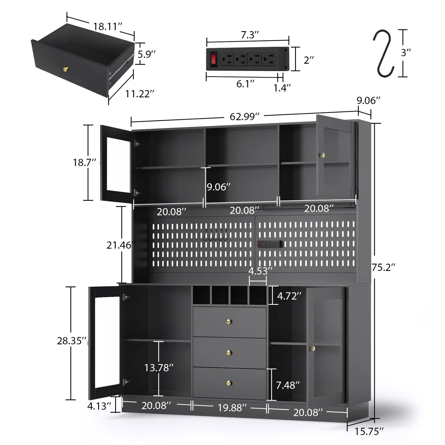 Pantry Cabinet Kitchen Storage Cabinet Freestanding Buffet Hutch with Pegboard Cup Holder Power Outlet Black