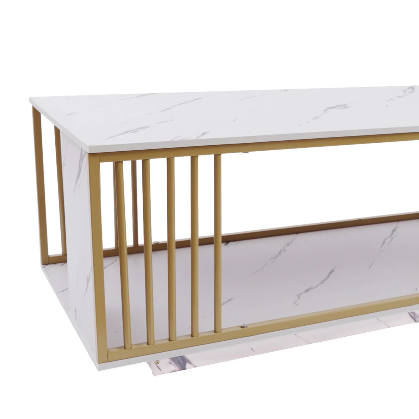 Modern 2 Tier White and Gold Coffee Table High Gloss Marble Veneer Rectangle Living Room Furniture