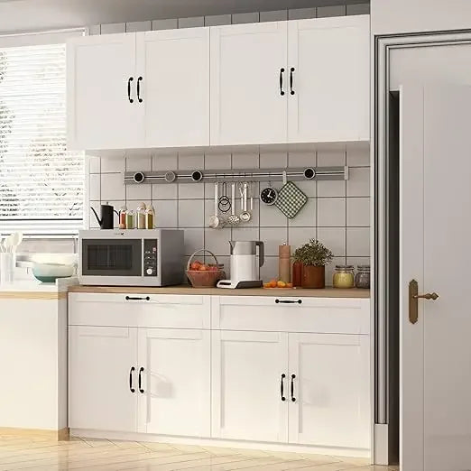 Large Kitchen Pantry Cabinet Set with Wall Mounted Storage Sideboard 8 Doors and 2 Drawers White 63 Inch Wide Modern Kitchen Cabinets