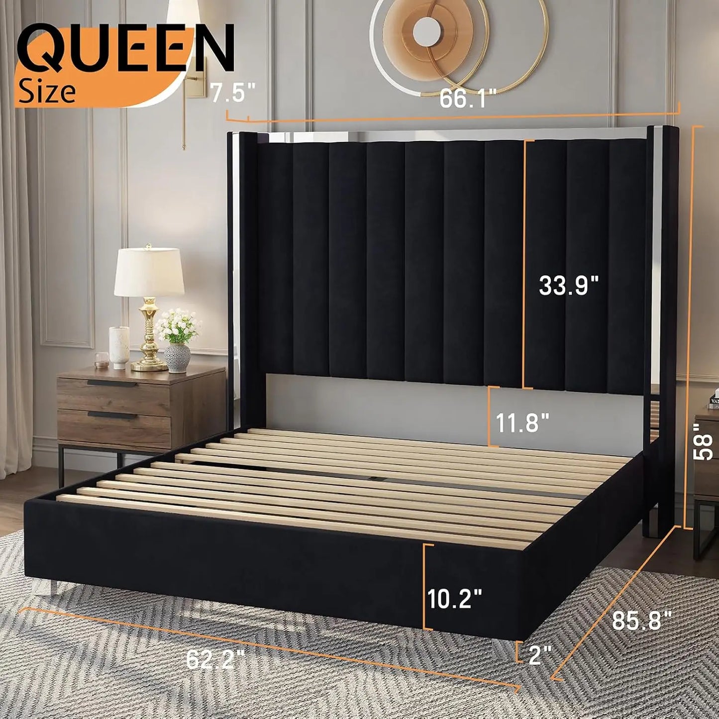 Jocisland Queen Size Bed Frame with 58" Tall Headboard, Velvet Upholstered Platform Bed with Channel Tufted Wingback Headboard