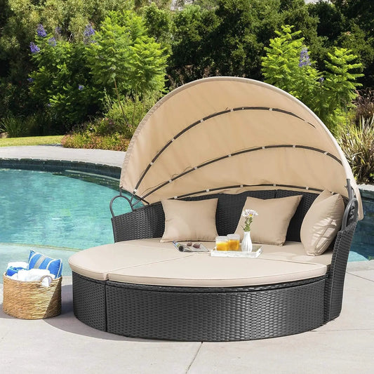 Patio Outdoor Daybed with Retractable Canopy Rattan Wicker Sectional Seating and Washable Cushions for Backyard and Porch