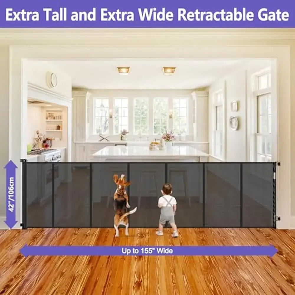 Tall Retractable Dog Gate 155 Inch Extra Wide Baby Pet Gate Reinforced Design Space Saving Easy One Handed Operation