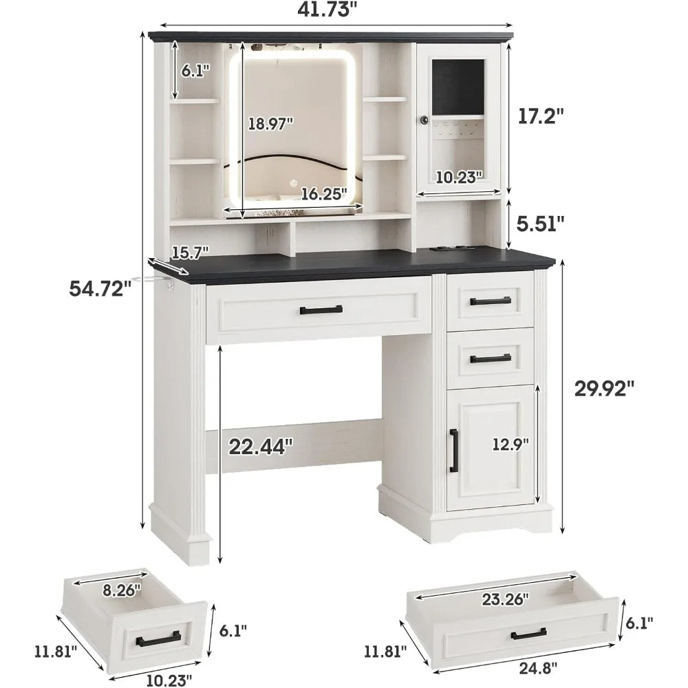 Vanity Desk with Mirror and Lights Makeup Vanity with 3 Drawers and Power Outlets Modern Farmhouse Style