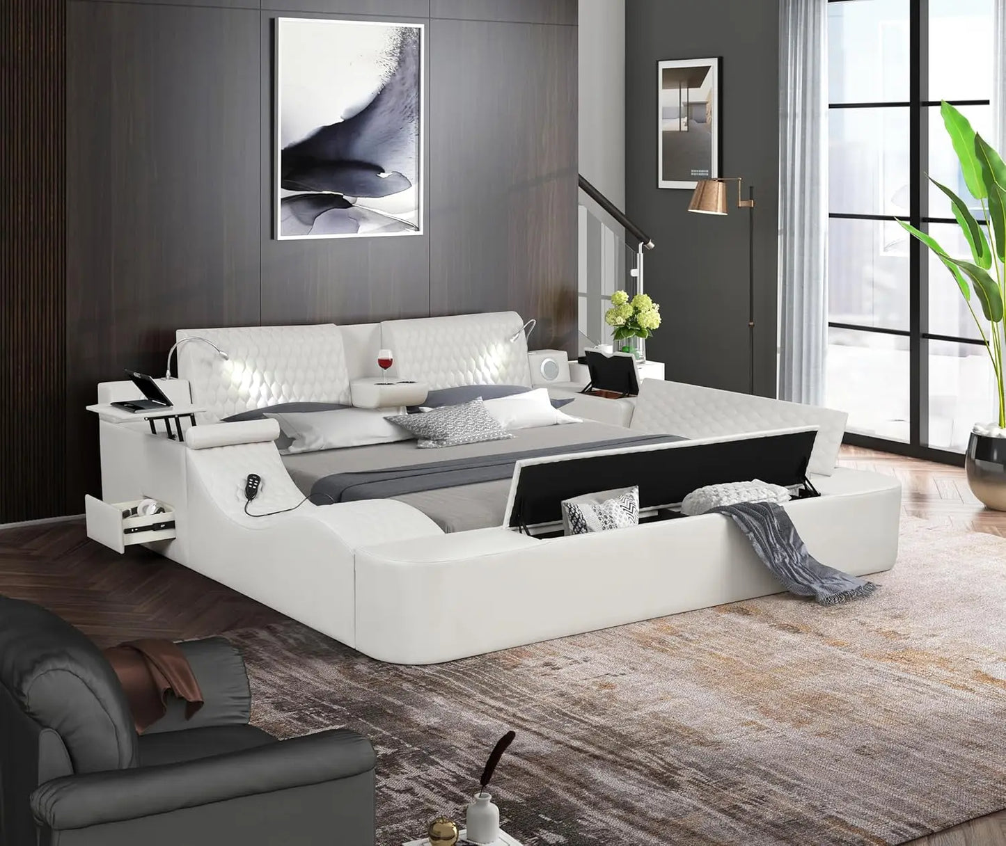 Queen Size Smart Bed Multifunctional Leather Bed Frame with Massage Recliner Upholstered Headboard Modern Luxury Bed Frame