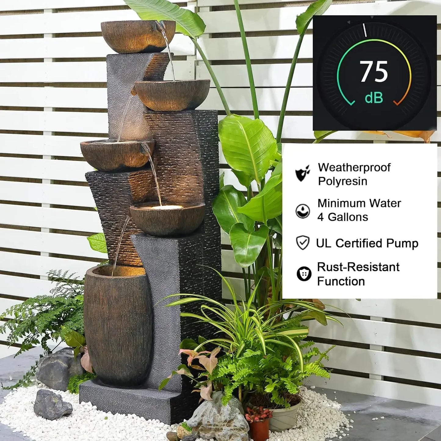 51.4 Inch H Outdoor Garden Water Fountain with 5 Tiers for Patio Backyard Deck Porch and Home Art Decor