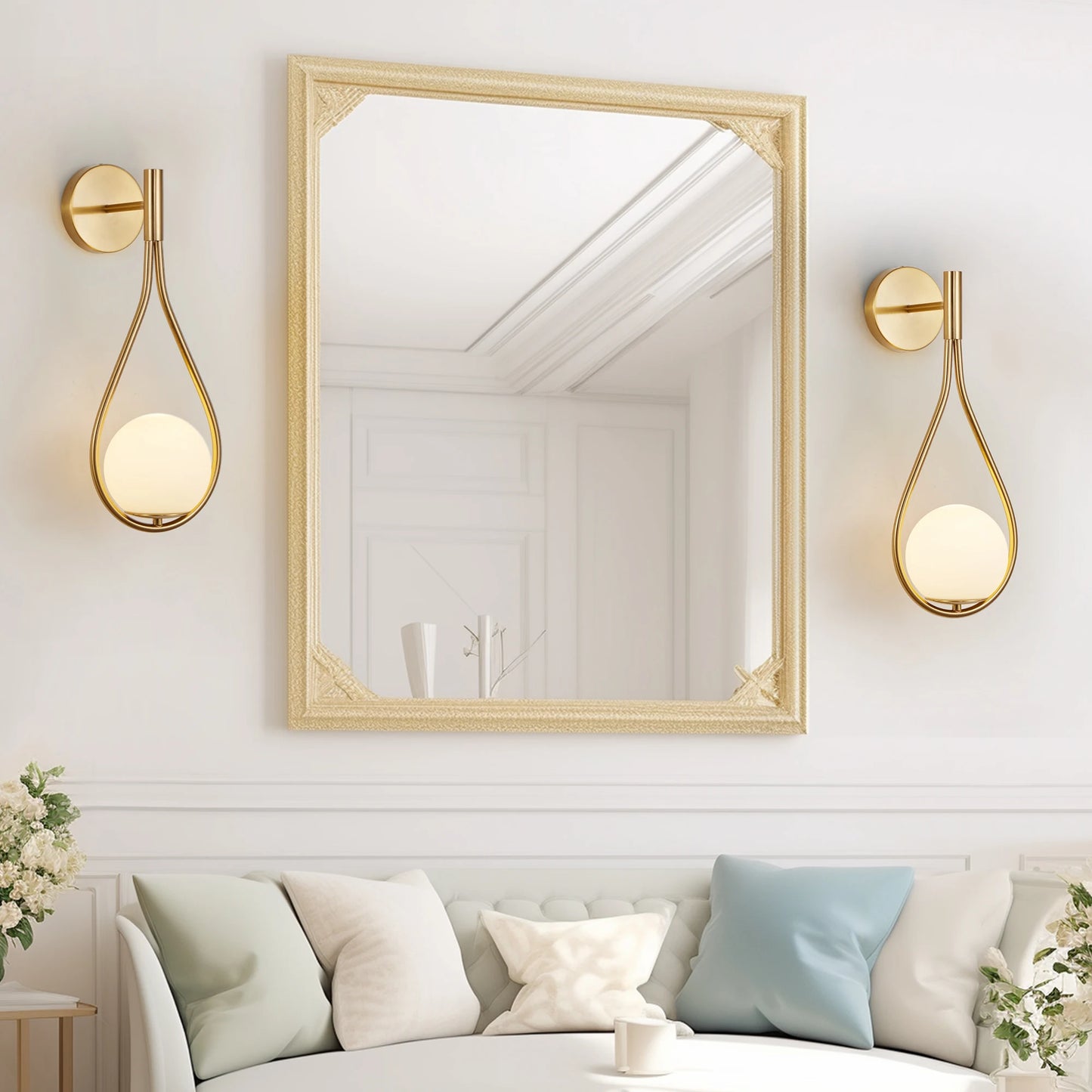 Modern golden wall lamp, white frosted glass ball, medieval design, 2 luxurious wall lamps (no bulbs)