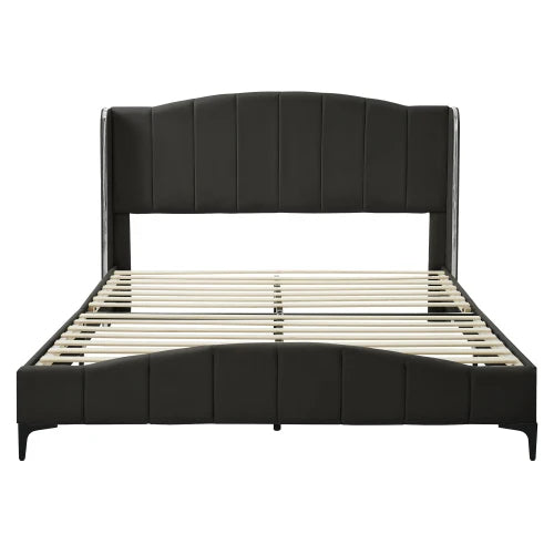 3 Pieces Bedroom Set with Queen Size PU Leather Upholstered Platform Bed and Elegant PU Nightstand with 2 Drawers in Black