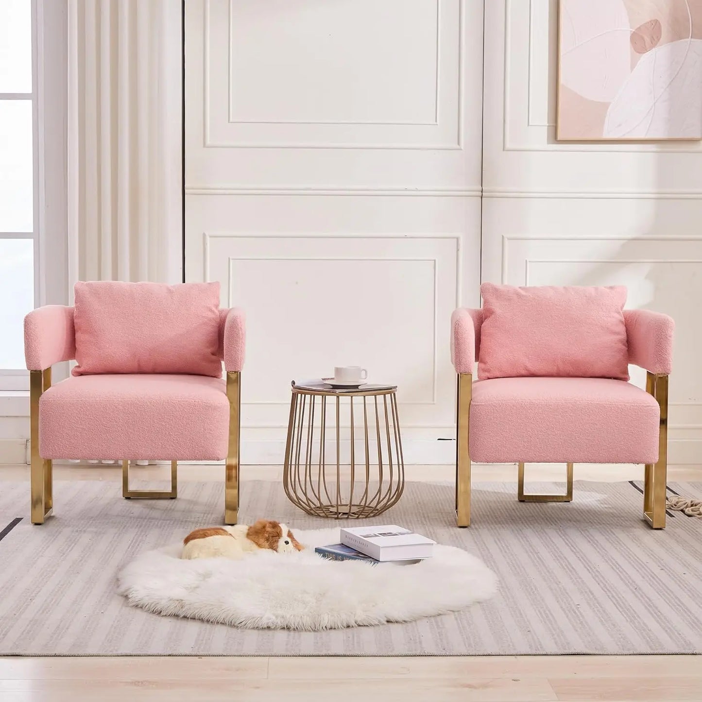 Set of 2 Pink Teddy Velvet Side Sofa with Gold Legs Tufted Plush Upholstered Reading Armchair with Lumbar Pillow Living Room Furniture