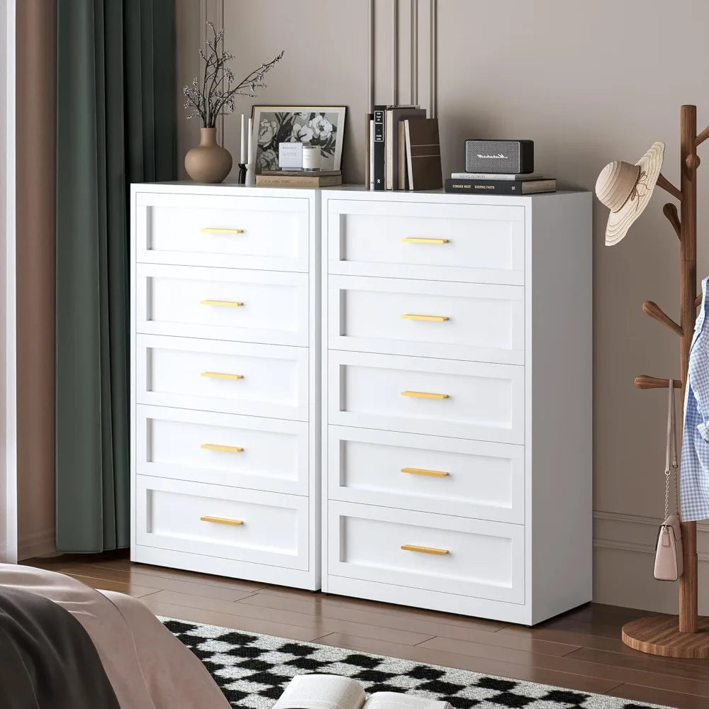 5 Drawer Metal Dresser for Bedroom Tall White and Gold Dresser for Closet Modern Metal Chest of Drawers