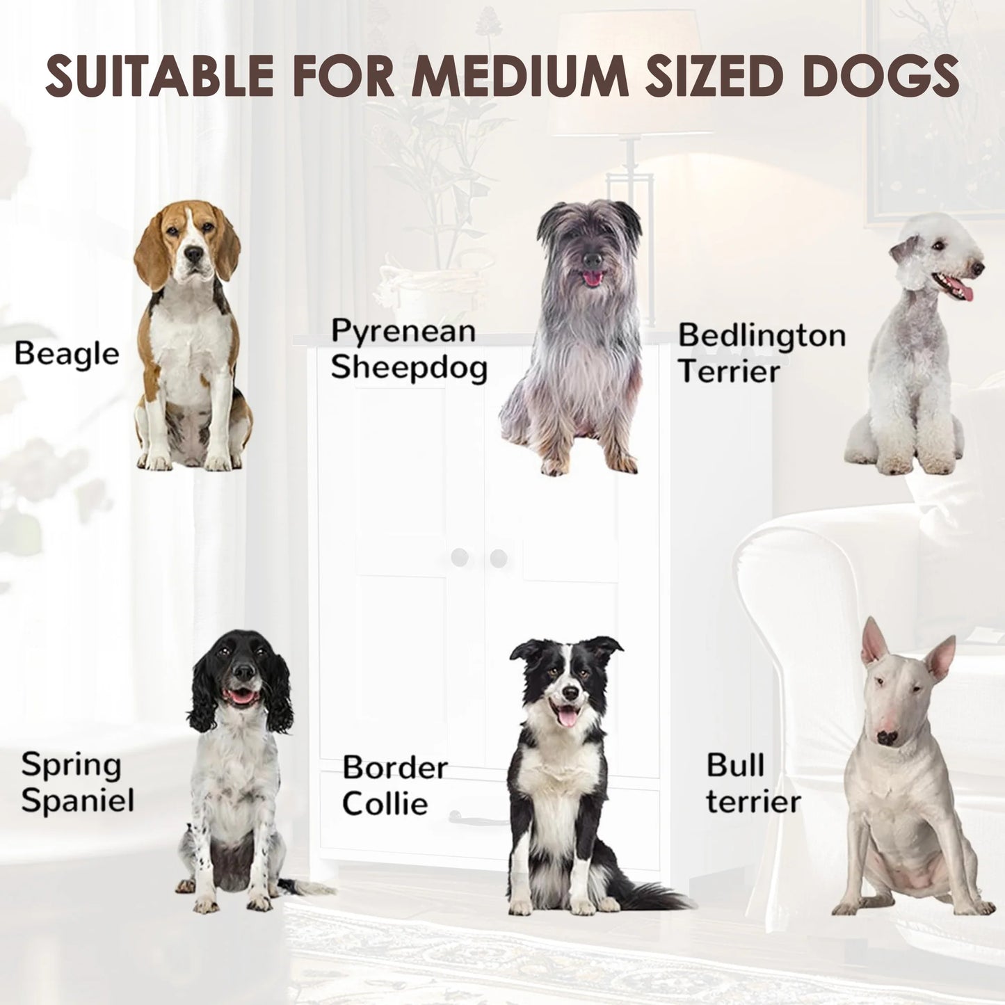 Pet Feeding Station Food Storage Cabinet with Hidden Detachable Stainless Steel Dog Bowls and Hooks for Medium Sized Dogs