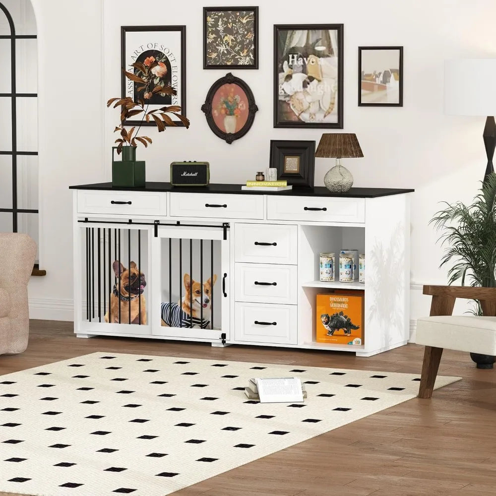 Extra Large Furniture Style Dog Crate with Drawers and Shelves 67 Inch Luxury Wooden Heavy Duty Single Room Dog Kennel Furniture