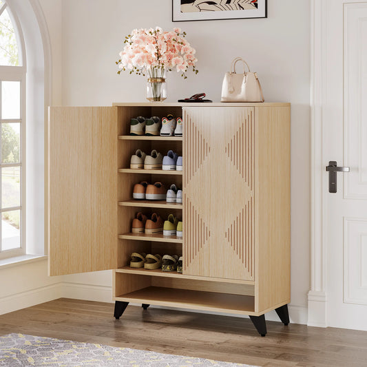 Tribesigns Shoe Cabinet with Doors 6 Tier Entryway Shoe Storage Cabinet with Adjustable Shelves Modern Wooden Shoe Organizer