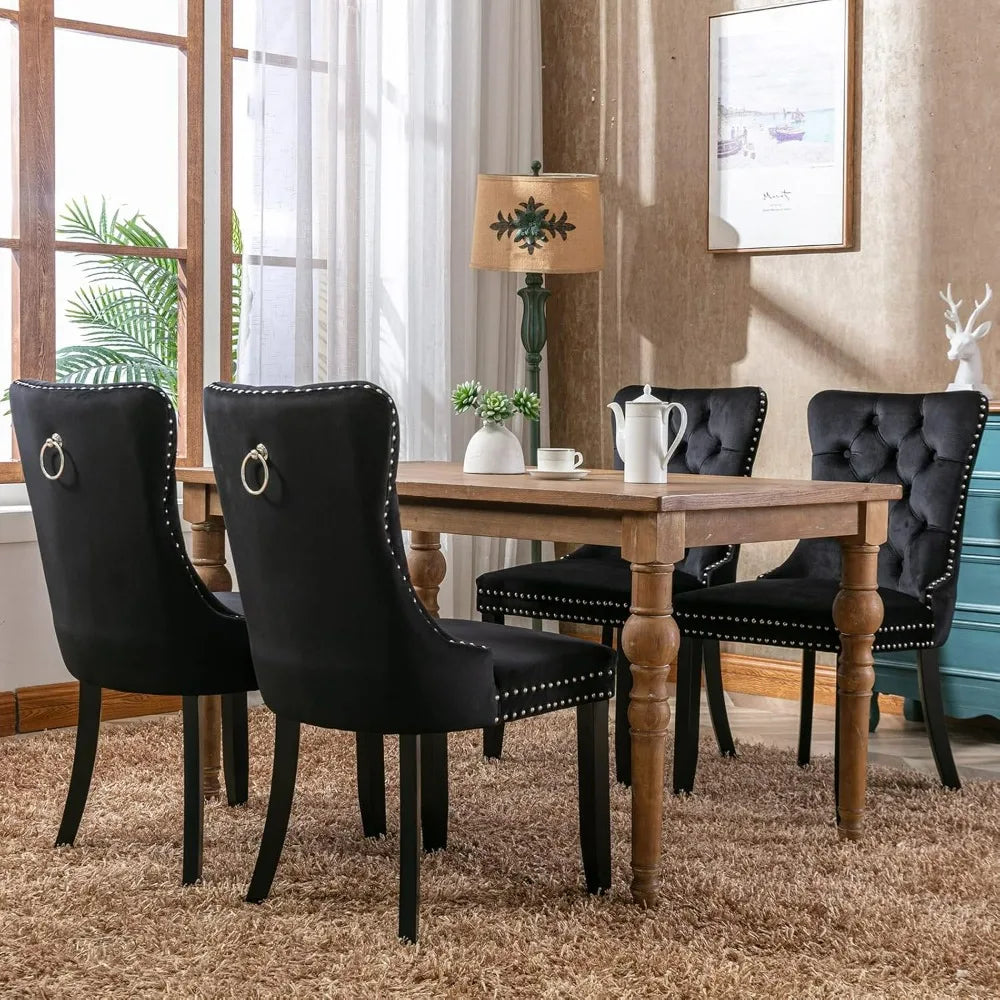Black Velvet Dining Chairs Set of 4, Four Fabric Tufted Dinning Chairs, Velvet Upholstered, Wing Back,Metal Pull Ring