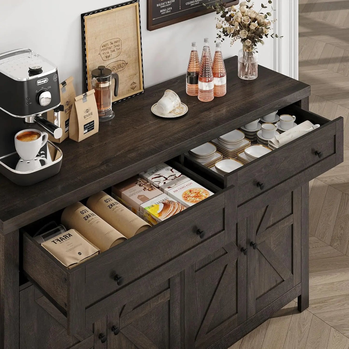 55" Buffet Sideboard Cabinet with Storage, Modern Farmhouse Coffee Bar Cabinet with Drawers and Shelves, Barn Doors Storage