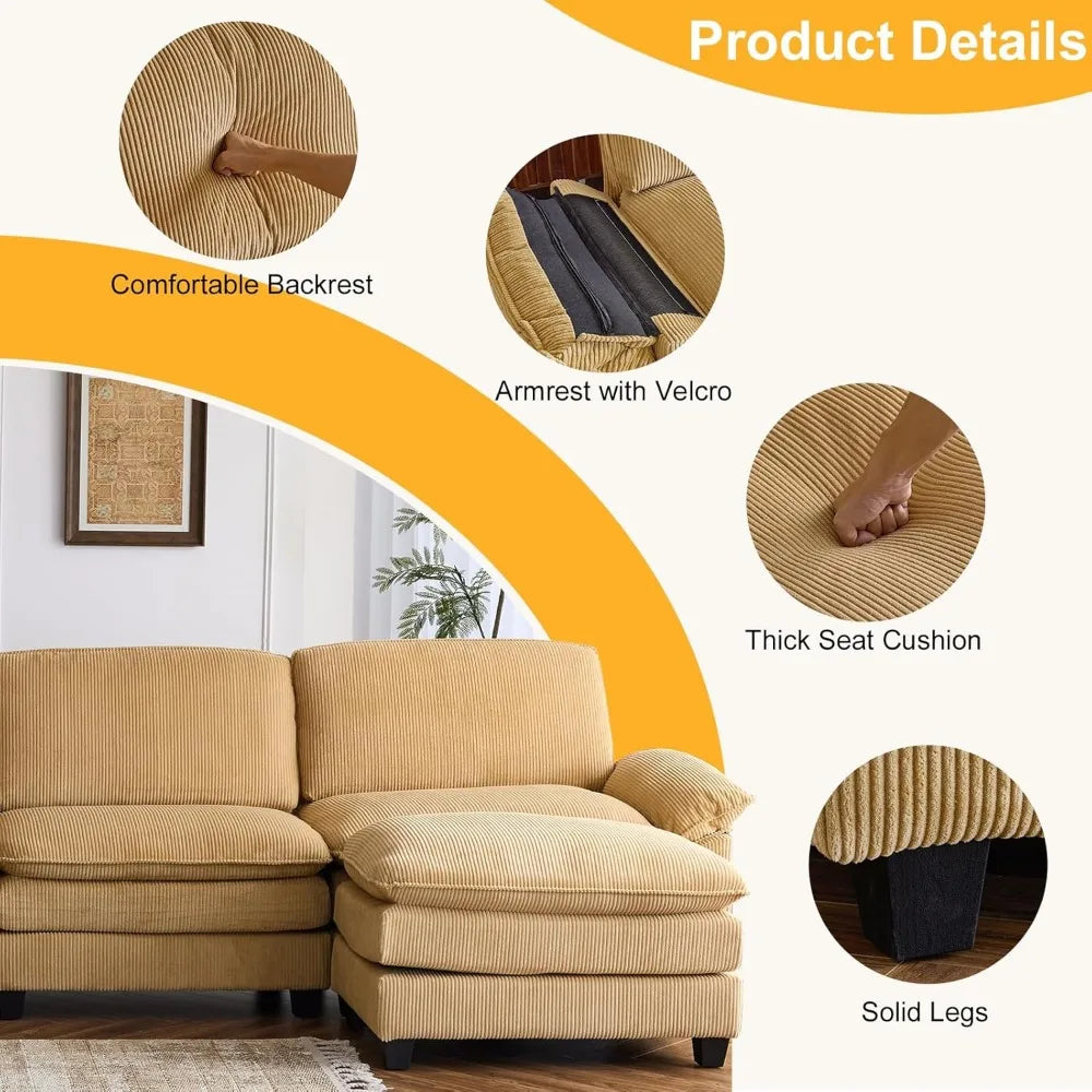 Modular Deep Seat Sectional Sofa with Ottoman Corduroy Sleeper Sofa Comfy Upholstered Furniture for Living Room