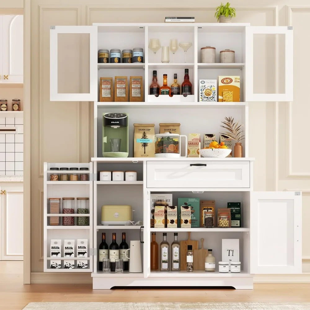 Tall Kitchen Pantry Food Storage Cabinet with Hutch and Microwave Stand Modern Coffee Bar Hutch with Glass Door and Shelves
