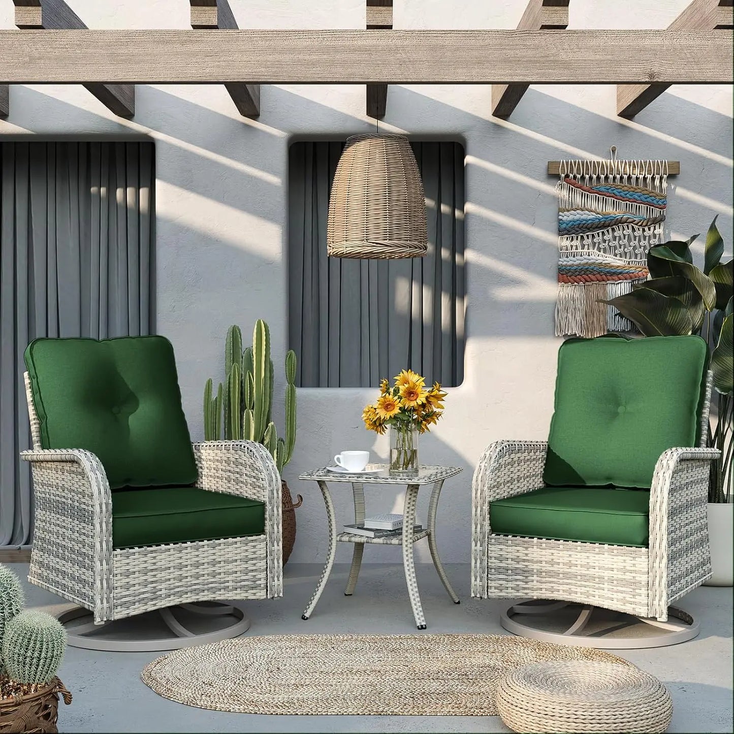 Patio Rocking Swivel Chair Outdoor Wicker Rattan Bistro Set with Tempered Glass Side Table Garden Furniture