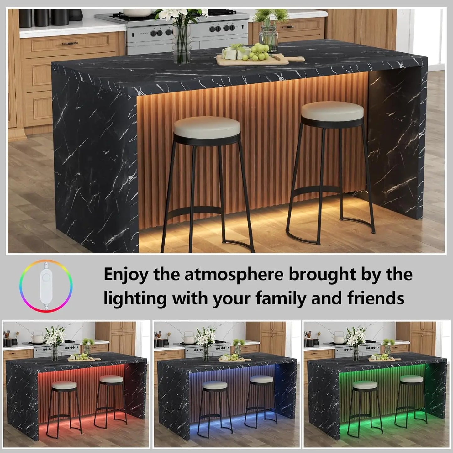63 Inch Large Imitation Marble Dining Table for 4 to 6 People with LED Lights Modern Marble Stripes Kitchen Dining