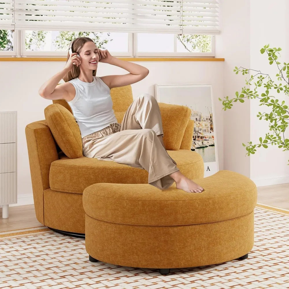 Oversized Swivel Accent Chair with Half Moon Storage Ottoman, 42'' W Chenille Round Swivel Barrel Chair, Modern Upholstered Comf