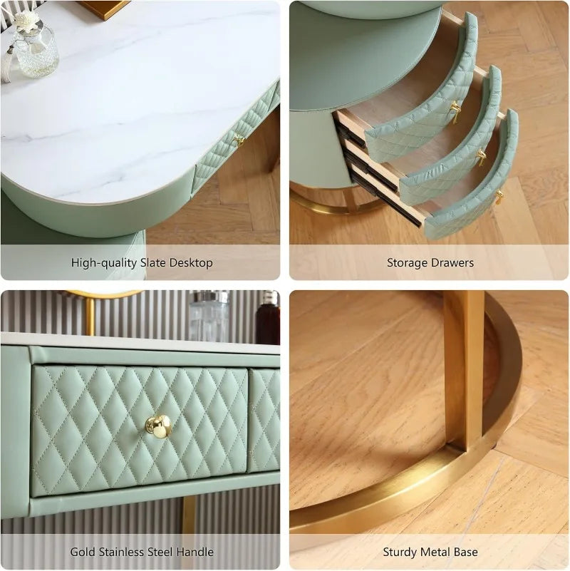 Luxury Faux Leather Vanity Desk with Mirror Makeup Table and Drawers Vanity Stool Green