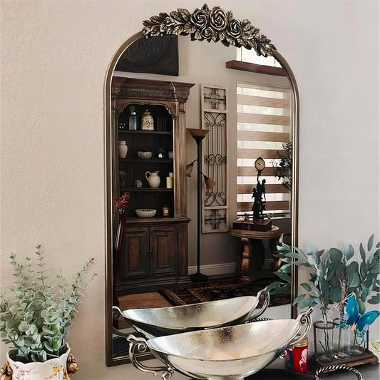 Antique Wall Mirror Vintage Baroque Arched Brass Mirror with Flower Relief Metal Edge Frame Decor for Entryway Hall Bathroom