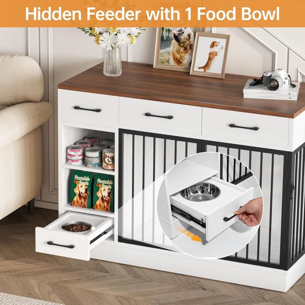 Luck Large Dog Crate Furniture 47.2 Inch Dog Kennel Indoor with 3 Storage Drawers and Hidden Feeding Bowl Sturdy Wooden Dog Crate