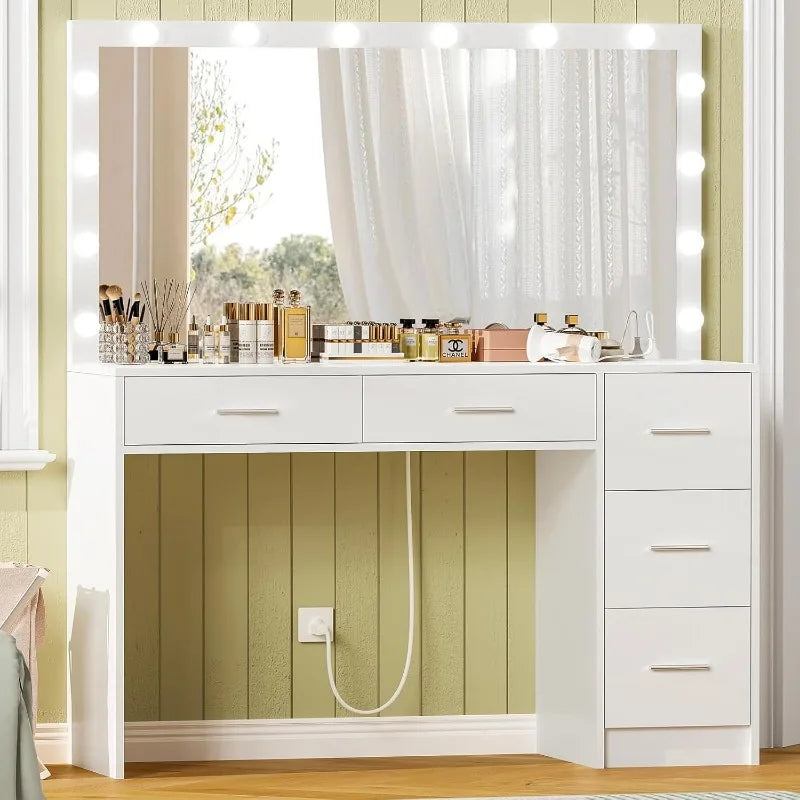 47.2 Inch Large Vanity Desk with Lighted Mirror and 14 Lights Makeup Vanity Table with 5 Large Drawers and Charging Station