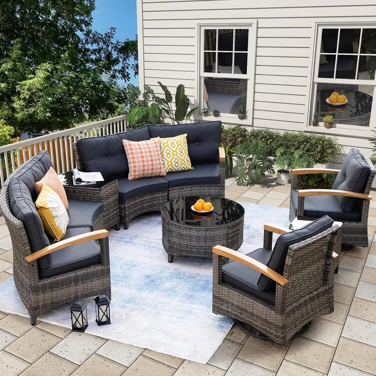 Multi Piece Outdoor Patio Furniture Sets Half Moon Curving Rattan Sofa Conversation Set