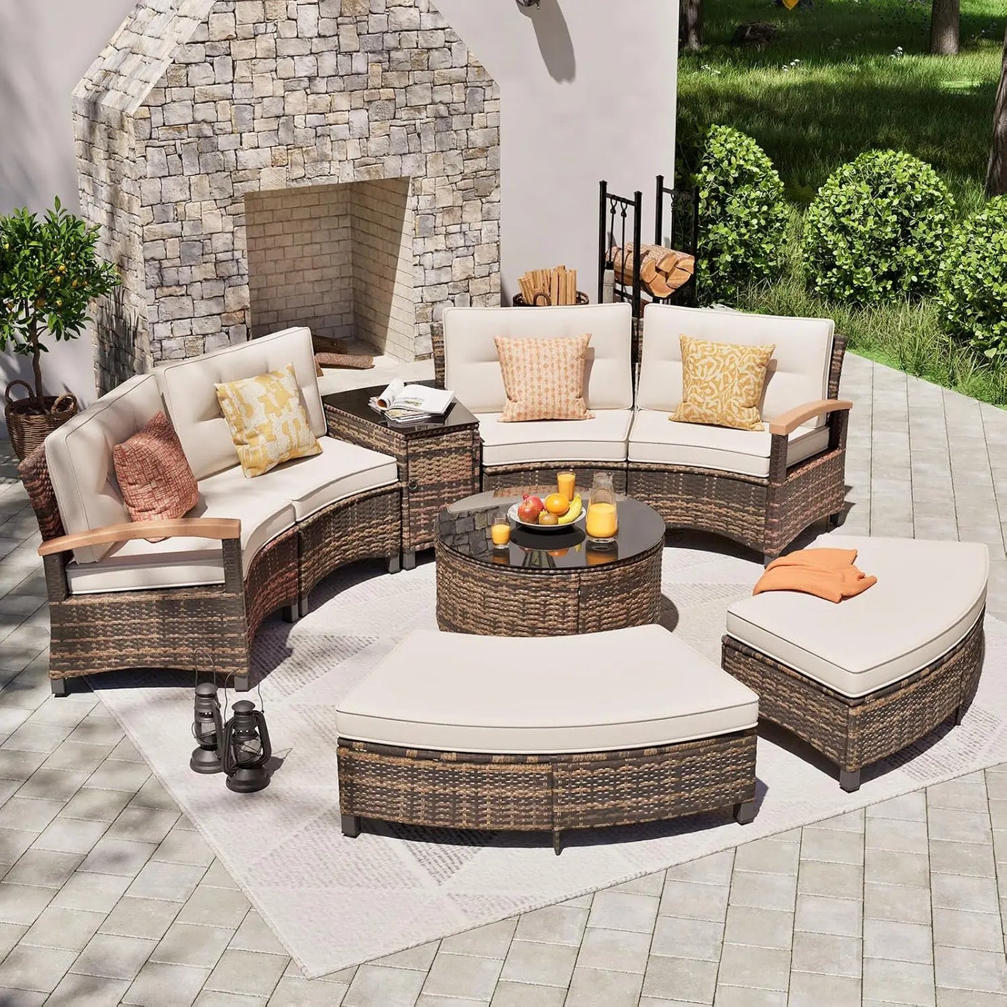 Multi Piece Outdoor Patio Furniture Sets Half Moon Curving Rattan Sofa Conversation Set