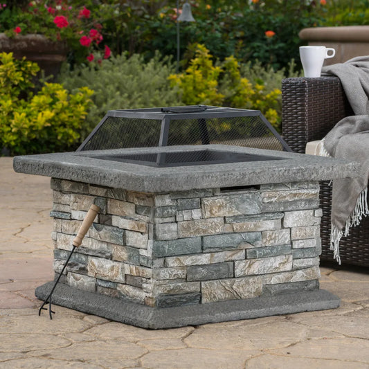 29x29 Inch Square MGO Fire Pit Fiberglass Reinforced Cement Outdoor Fire Table with Iron Shield for Patio and Backyard Entertaining