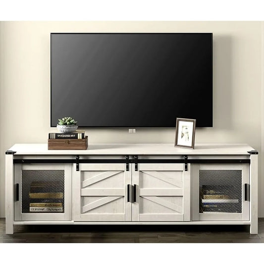 Farmhouse TV Stand for 75 inch TV, 70" Wood Sliding Barn Door Media TV Console Table with Storage Shelf, Entertainment Center