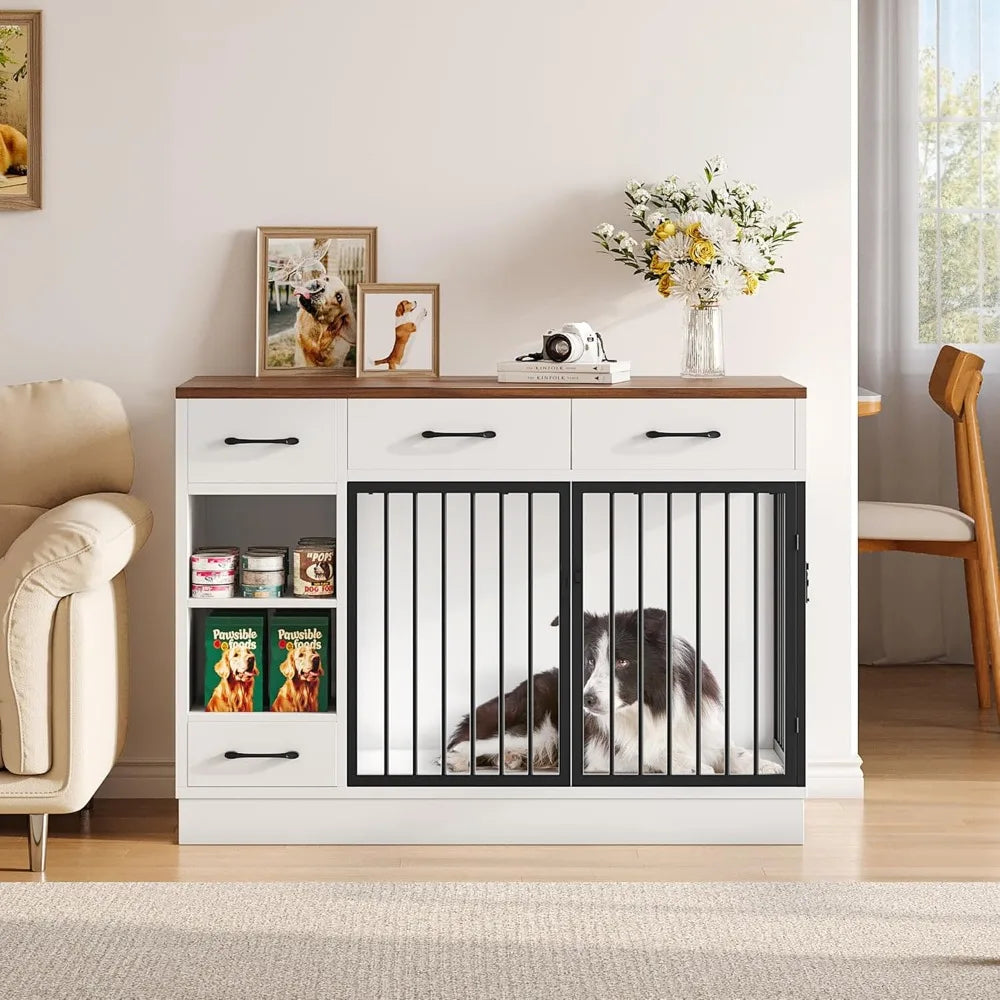 Luck Large Dog Crate Furniture 47.2 Inch Dog Kennel Indoor with 3 Storage Drawers and Hidden Feeding Bowl Sturdy Wooden Dog Crate