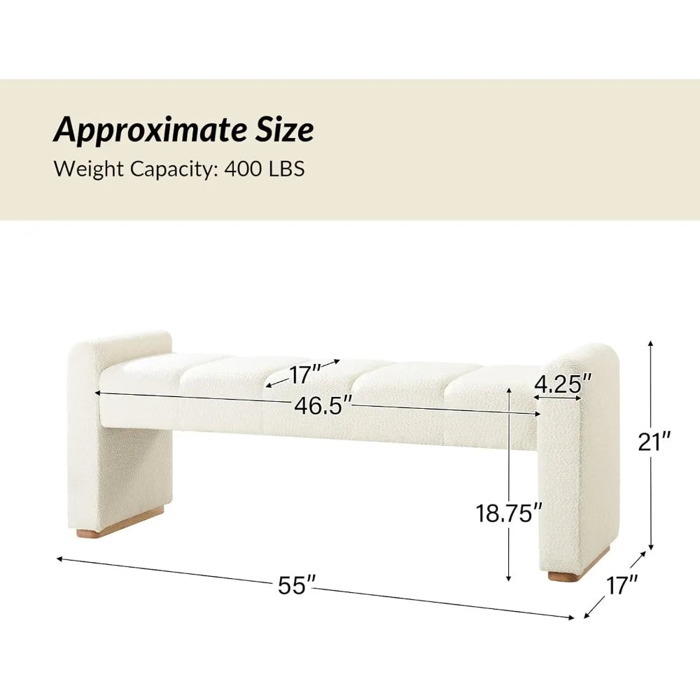 55 Inch Upholstered End of Bed Bench with Rubber Wood Legs Entryway Ottoman with Thick Padded Cushion for Bedroom and Living Room
