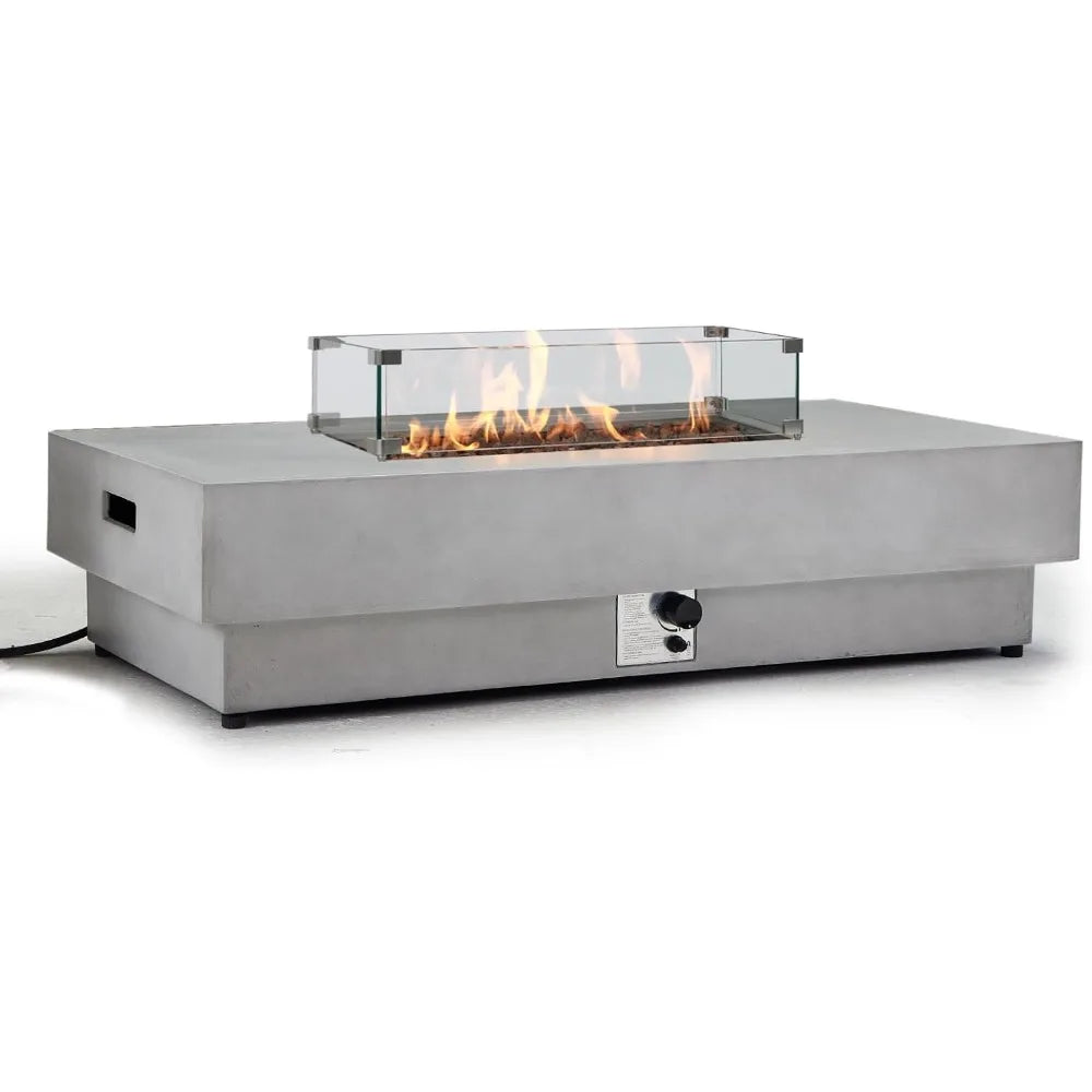 60 Inch Outdoor Propane Fire Pit Table with Lid and Wind Guard Large Rectangular Concrete Design