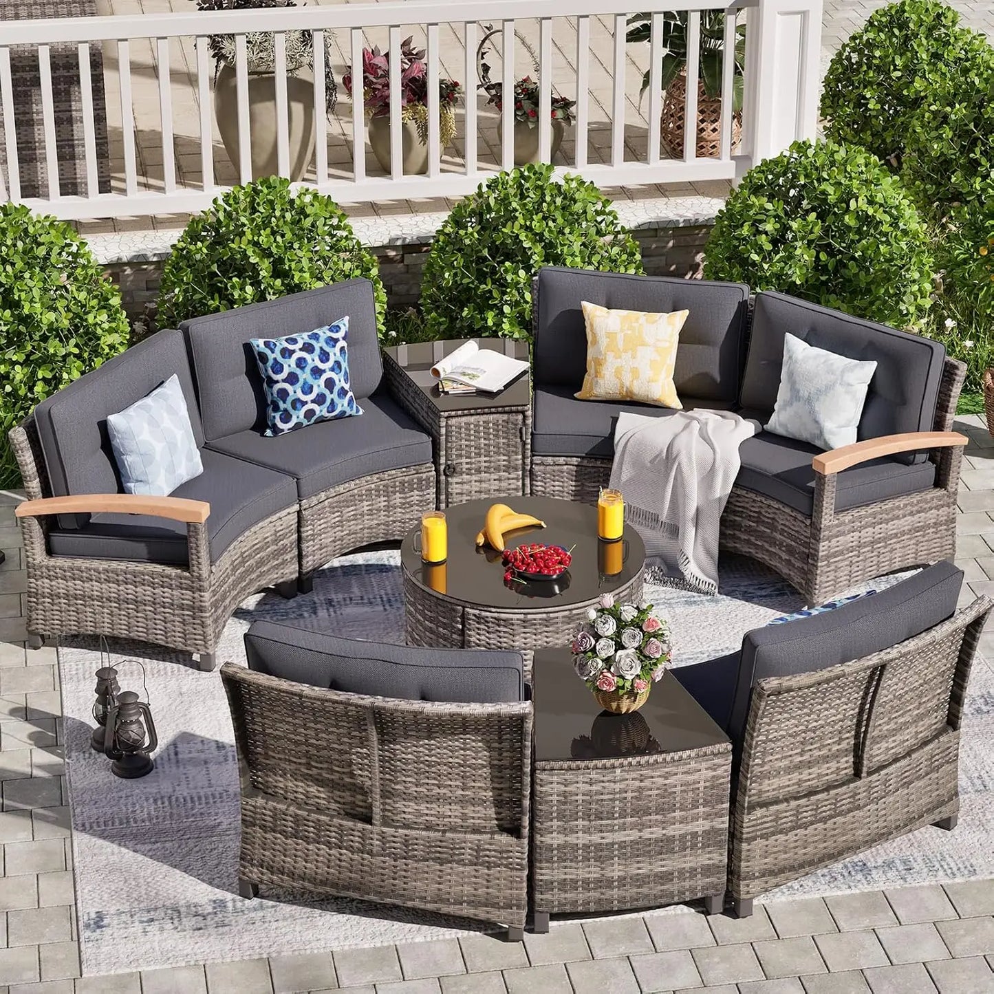 Multi Piece Outdoor Patio Furniture Sets Half Moon Curving Rattan Sofa Conversation Set