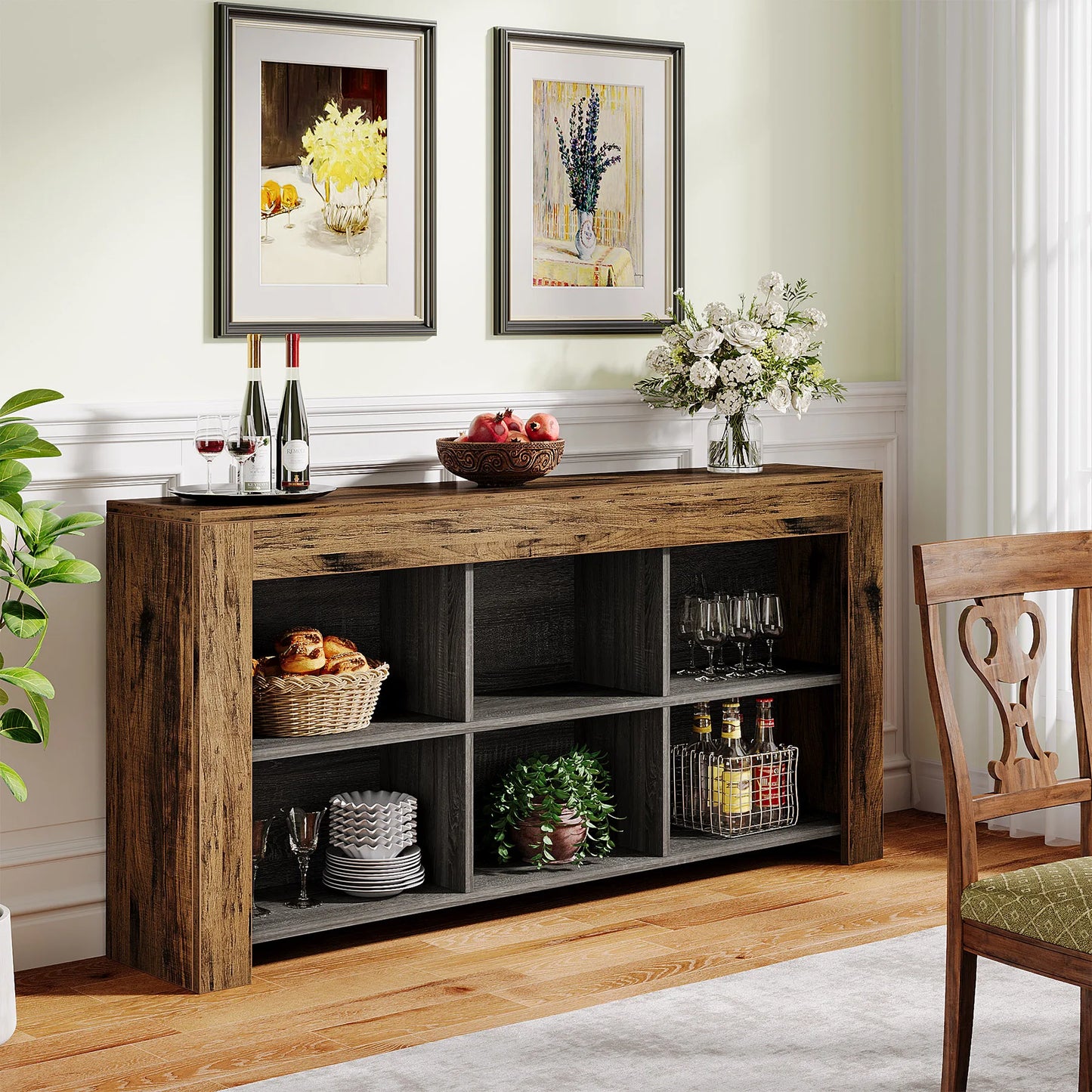 Tribesigns 63-Inch Long Console Table, Rustic Wood Entryway Table with 6 Storage Cubes, Industrial Narrow Sofa Table