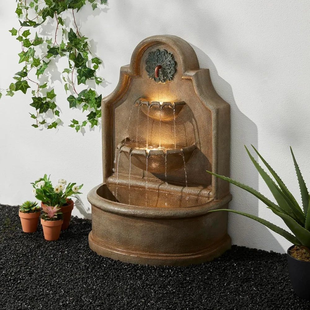 Outdoor Wall Mounted Water Fountain With LED Lights And Pump Oversized Antique European Style 3 Tier Polyresin Cascade